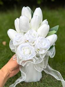 White Pearl Tulip Bridal Bouquet(8.66inch)With Pearl Decoration, Lace Bow Artificial Flower For Wedding Party Prom Gift - Multicolor - View 9