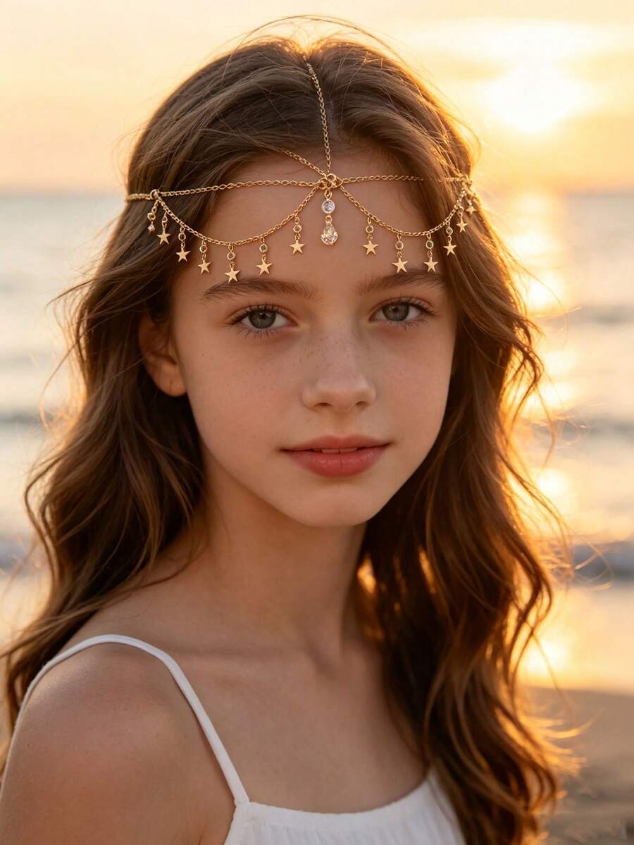 1 buah Rantai Dahi Bintang Emas Bohemian, Hiasan Kepala Rumbai Kristal, Aksesori Rambut Rantai Berlapis yang Dapat Diatur, Cocok untuk Pernikahan, Pesta, Pesta Natal, Pesta Halloween, dan Acara Liburan. - MultiWarna - View 1