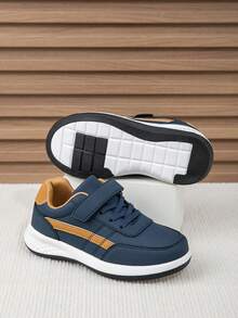 Boys' Colorblock Striped Casual Sneakers, Hook And Loop Easy On/Off Children's Sports Shoes, PU Upper Anti-Slip Low-Top Student Shoes - Blue - View 8