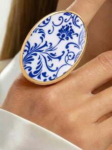 1pc Vintage Style Exaggerated Metal Inlaid Geometric Oval Ring, Suitable For Women's Daily Wear, Birthday Gift And Holiday Gift - Oval Ring - View 11