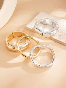 4pcs Set Minimalist Fashion Luxury Glossy Bamboo Joint Elastic Bracelet Set, Layered Multi-Layer Bracelet, Women's Versatile Jewelry Set - Multicolor - View 5