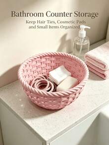 1PC 3D Plastic Woven Storage Basket, Round Decorative Storage Bowl Tray, Bathroom Countertop Small Desktop Organizer, Storage For Cosmetics, Hair Ties - Multicolor - View 1