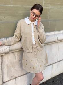 Women's Elegant Embroidered Cardigan & A-Line Mini Skirt Co-Ord Set Chic Button-Front Knit Outfit For Fall - Apricot - View 3