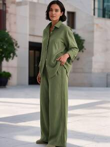 Plus Size Women's Casual Loose 2pcs Set, Long Sleeve Shirt With Drawstring Pleated Pants, Autumn/Winter Commute Daily Casual Outfit - Olive Green - View 5