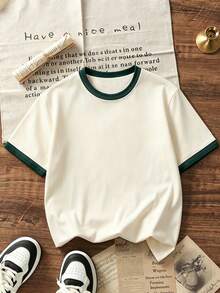 Boys' Colorblock Trim Pixel Art Game Theme T-Shirt, Breathable Short Sleeve Casual Top - Apricot - View 1