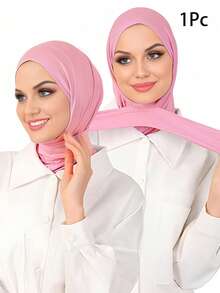 Awegeo 1Pc Women's Hijab, Headwrap Convenient Headscarf Middle Eastern Style With Adjustable Button, Comfortable Casual Headscarf - Pink - View 1