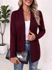 Plus Size Women's Color Solid Cardigan Sweater, Thigh-Length With Cardigan Collar And Fake Button Accents, Cozy Fall Winter Wear - Deep Red Flower - View 3