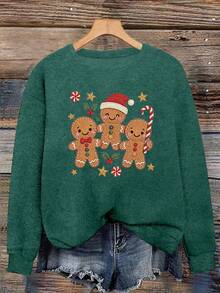 Women's Christmas-Themed Casual Long-Sleeve Sweater With A Round Neck, Dark Green. - Dark Forest Green - View 5