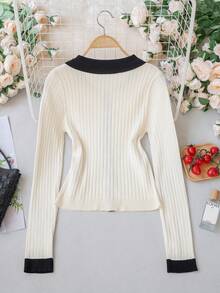 Sweet Y2K Contrast Color Bow Ribbed Knit Cardigan Women's Long Sleeve Slim Fit Cropped Sweater Top, Suitable For Summer Vacation, Back To School Casual Wear - Apricot - View 6