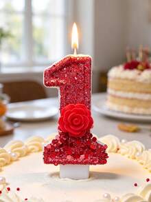 1pc Red Number Birthday Candle, Romantic Rose Number Candle - Multicolor - View 6