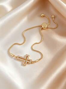 1pc Cubic Zirconia Inlaid Cross Pendant Bracelet, Suitable For Women To Wear For Dating, Parties, And Religious Events - Yellow Gold - View 5