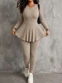 Women's Plus Size Elegant Minimalist Solid Color Round Neck Long Sleeve Top + Tapered Leg Pants 2-Piece Set, Solid Color Ruffle Ribbed Split Hem Loungewear For Home And Daily Wear, Autumn Winter Indoor Outfit - Khaki - View 2
