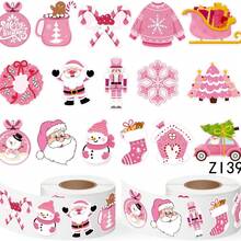 500pcs/Roll Christmas Holiday Decorative Sticker Set, Cute Pink Santa Claus, Snowman, Wreath Gift Packaging Stickers - Pink - View 6