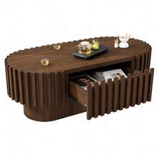 Oval Coffee Table 100*50*35.5 Cm, Living Room Table With Drawer, Side Table, Decorative Vertical Slat Design, Stable Wooden Coffee Table For Living Room, Maximum Load 20 Kg, Walnut Wood Color - Walnut Wood Color - View 6