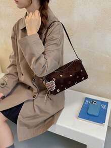 1pc Women's Solid Color Shoulder Boston Bag, Fashion Button Decor Large Capacity Baseball Bag With Pendant, Suitable For Commuting And Shopping - Coffee Brown - View 6
