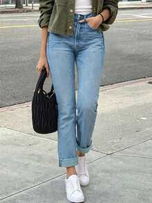Vintage Distressed Stretch Cat Whisker Cuffed Straight Leg Cropped Length Jeans With Slant Pockets Casual Spring Fall - Dark Wash - View 1