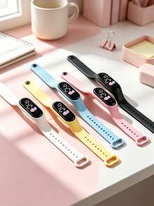 8pcs/Set Unisex Student Children TPU Silicone Strap LED Digital Heart Electronic Watch, Disposable Battery White Light Glowing Wristband, Time Display Only, Suitable For School, Daily Wear, Holiday Birthday Gifts And More - Multicolor - View 3