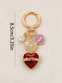 1pc Vintage Cross Wing Heart Keychain For Women, 3 Colors Available, Pearl Rhinestone Bag Charm, Y2K Sweet Cool Style Car Key Pendant - Multicolor - View 2