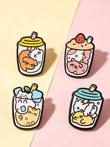 1pc/4pcs Cute Cartoon Brooch With Assorted Cat-In-Drink-Cup Patterns, Fashion Clothing Accessory Badge, Bag Lapel Pin, Gift For Friends - Multicolor - View 2