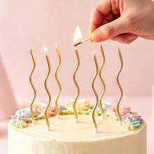 6pcs Curved Birthday Candles, Wavy Cake Candles With Plastic Base, Party Dessert Decoration - Multicolor - View 4