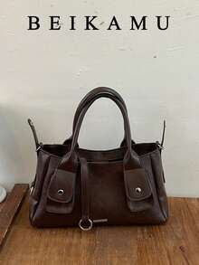 Women's Vintage Faux Leather Handbag, Dual Pocket Rivet Decor Shoulder Bag, Detachable Strap Crossbody Tote Small Bag - Coffee - View 6