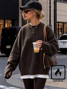 New Autumn/Winter Women's Square Neck Deep Brown Ribbed Collar Sweater, Casual Everyday Versatile - Brown - View 2
