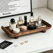 1pc Vintage Anti-Slip Anti-Tip Solid Wood Storage Tray, Deep Brown Natural Wood Grain, Raised Edge Anti-Slip Design, Perfume & Cosmetic Storage, Desktop Display Tray, Vanity/Bedroom Desktop/Spring Home Decor, Gift For Best Friend - View 1