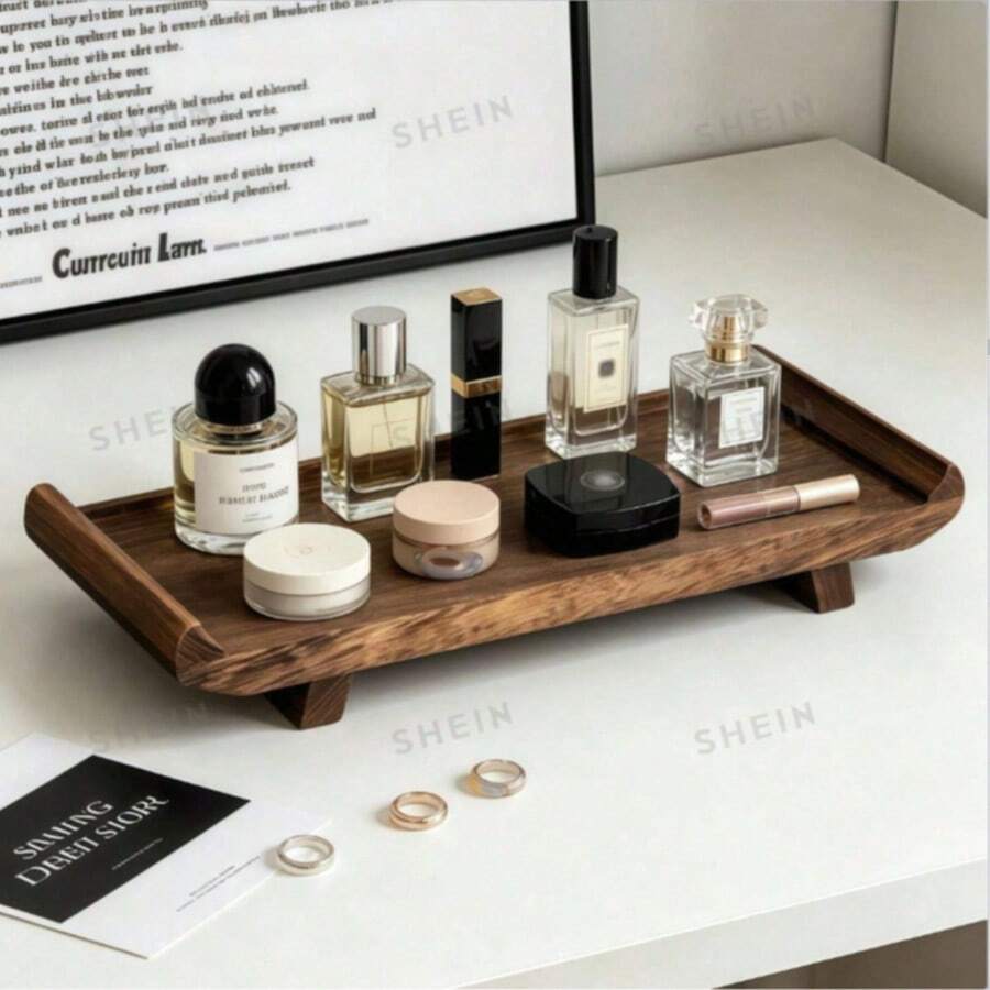 1pc Vintage Anti-Slip Anti-Tip Solid Wood Storage Tray, Deep Brown Natural Wood Grain, Raised Edge Anti-Slip Design, Perfume & Cosmetic Storage, Desktop Display Tray, Vanity/Bedroom Desktop/Spring Home Decor, Gift For Best Friend - View 1