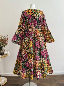 Rusttydustty Women's Plus Size All-Over Ditsy Floral V-Neck Vintage Elegant Dress - Multicolor - View 5