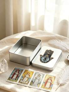 Evil Eye & Hamsa Hand Print Tarot Card Storage Tin Box, Portable Metal Tarot Deck Holder, Witch Astrology Oracle Card Box, Can Store Crystal Jewelry, Oracle Card Tin Box, Astrology Divination Accessories, Birthday, Halloween, Christmas Gift (Cards Not Included) - Multicolor - View 4