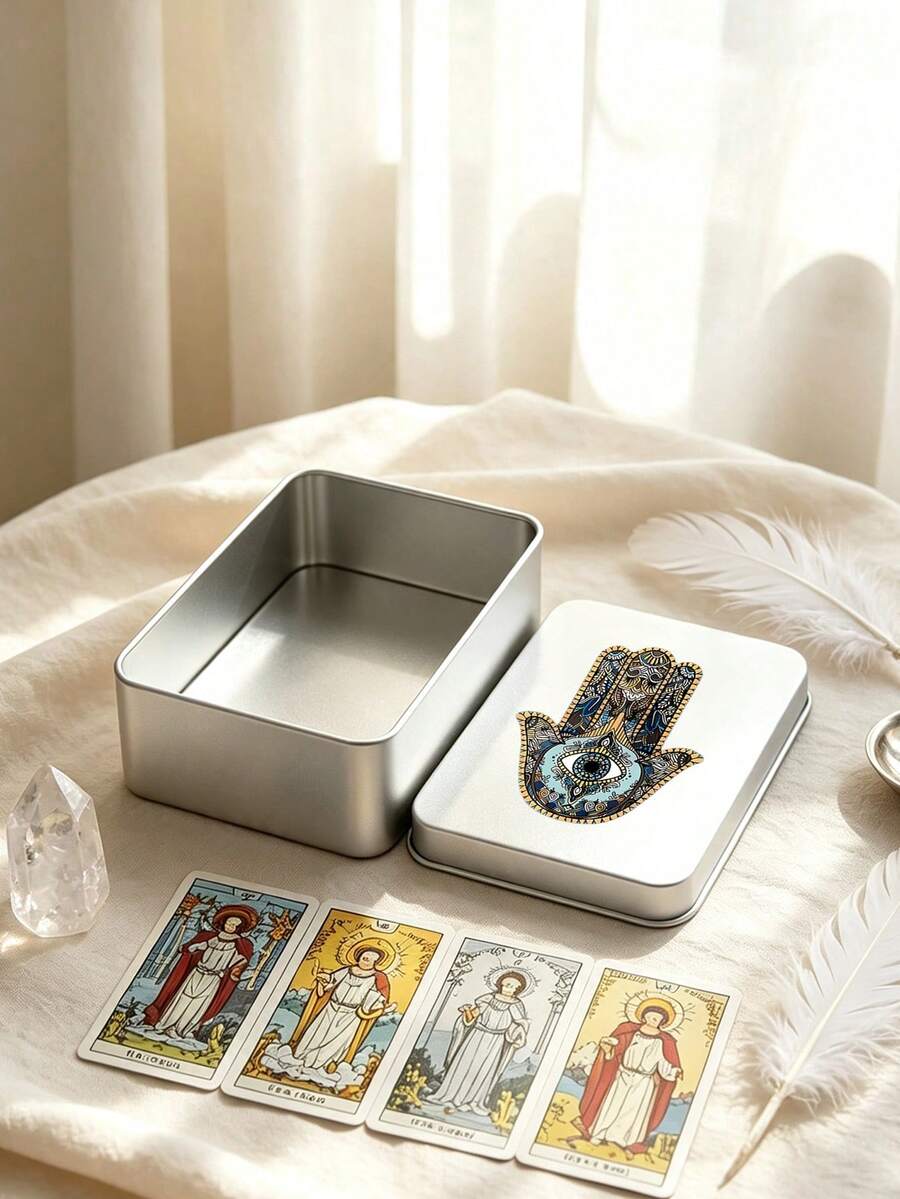 Evil Eye & Hamsa Hand Print Tarot Card Storage Tin Box, Portable Metal Tarot Deck Holder, Witch Astrology Oracle Card Box, Can Store Crystal Jewelry, Oracle Card Tin Box, Astrology Divination Accessories, Birthday, Halloween, Christmas Gift (Cards Not Included) - Multicolor - View 1