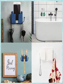 1pc Wall-Mounted Phone Holder, No-Drill Remote Control Storage Box, Multi-Function Socket Organizer Bag, Plastic Charging Phone Stand, Bedroom Remote Control Wall-Mounted Phone Holder, Remote Control Storage Box, Jewelry & Key Storage Rack (Multi-Color Optional) - No Punching Required (mobile Phone Holder) - View 3