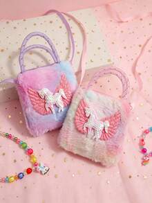 1pc Children's Unicorn Glitter Wing Decor Fluffy Plush Portable Large Capacity Crossbody Bag, Sweet Princess Style Handbag, Suitable For Holidays And Daily Outings - Multicolor - View 4