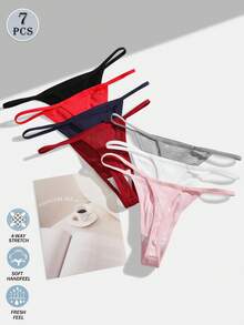7pcs/Pack Sexy Thong Panties, Ribbed Low Waist Seamless Thongs, Breathable & Comfortable, Invisible G-String, Soft T-Back Elastic Underwear, Simple Style Non-Sheer Briefs, Fashionable For Daily Wear - Multicolor - View 3