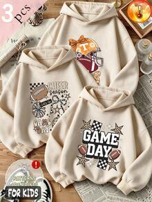 3pcs/Set Girls' Fleece Hooded Sweatshirt, Long Sleeve Cotton Soccer Star Print Y2K Style, Autumn/Winter - Apricot + Apricot + Apricot - View 1