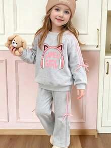 Young Girl' Bow Decor Warm Crew Neck Sweatshirt And Pants Set - Grey - View 1