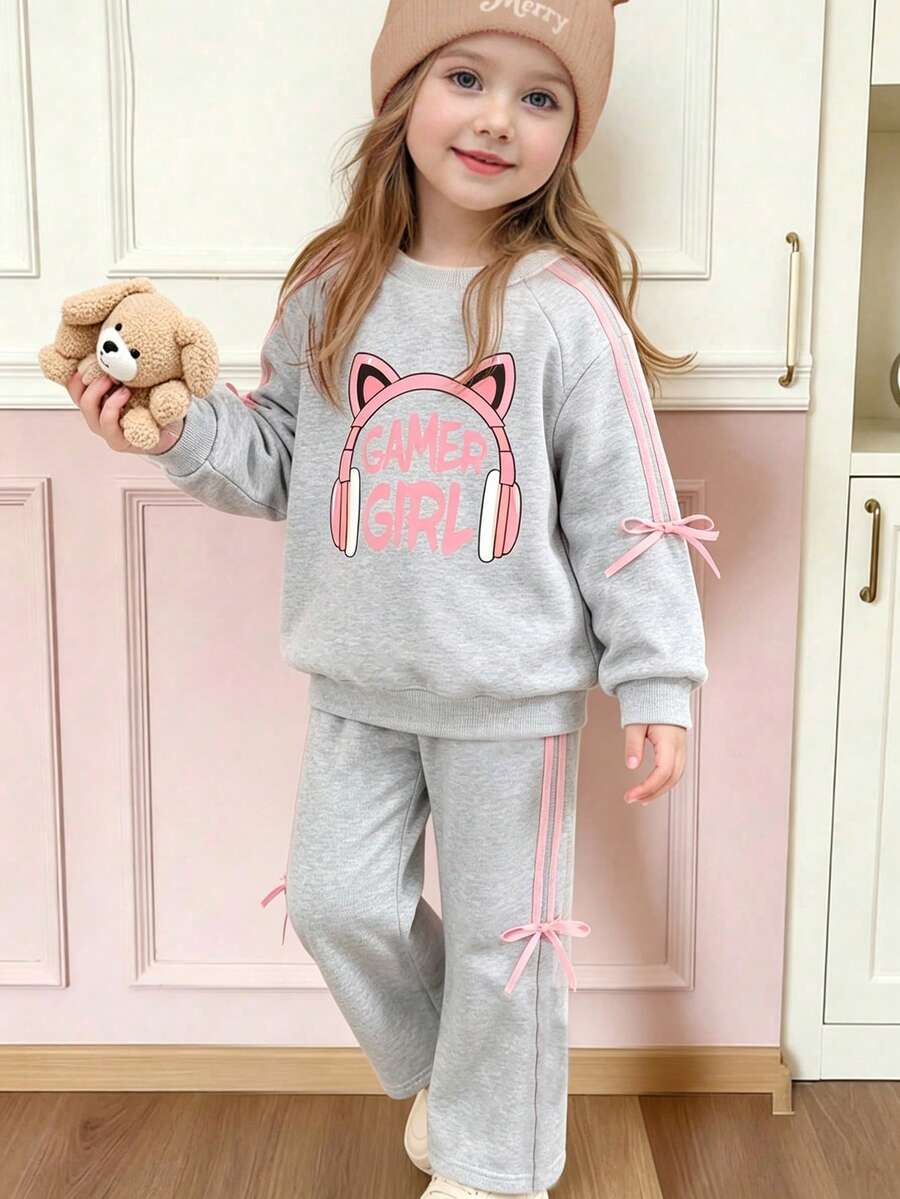 Young Girl' Bow Decor Warm Crew Neck Sweatshirt And Pants Set - Grey - View 1