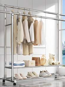 1pc Retractable Double Pole Freestanding Clothes Drying Rack (Can Be Used With Adult Hangers), Mobile Double-Layer Storage With Wheels, Suitable For Drying And Storing Clothes In Bedrooms And Balconies - Multicolor - View 4