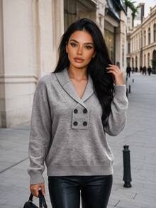 Vexica Women's Sexy Grey Collared Knit Sweater, Long Sleeve Button Front Fall Top For Night Out, Going Out And Daily Wear - Grey - View 5