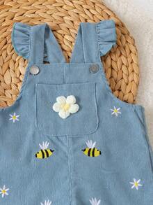 1pc Baby Girl Cute Casual 3D Floral Embroidered Corduroy Overalls, Thin Spring/Autumn - Dusty Blue - View 5