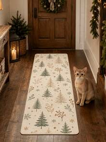 1pc Nordic Minimalist Style Pine Tree & Snowflake Decorative Long Runner Rug, Velvet Carpet, Christmas, Christmas Decoration, Suitable For Room Decor, Indoor Door Mat, Living Room Rug, Kitchen Mat, Bedroom Rug, Bathroom Mat, Washable Carpet, Home Decor, Bedroom Decor, Anti-Slip, Wear-Resistant, Noise-Reducing, Sound-Insulating, Skin-Friendly, Soft - Minimalist Pine Snowflake - View 1