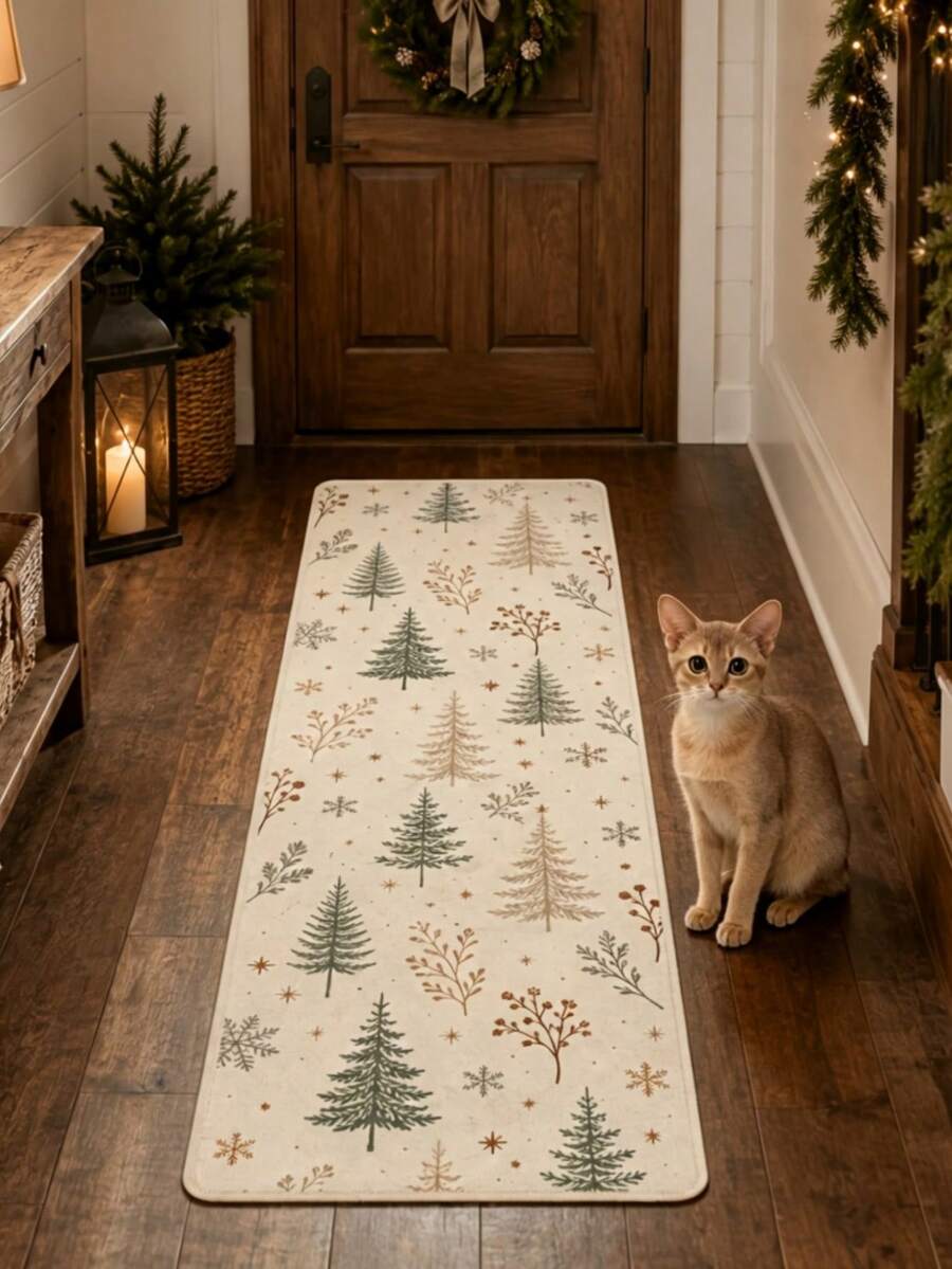 1pc Nordic Minimalist Style Pine Tree & Snowflake Decorative Long Runner Rug, Velvet Carpet, Christmas, Christmas Decoration, Suitable For Room Decor, Indoor Door Mat, Living Room Rug, Kitchen Mat, Bedroom Rug, Bathroom Mat, Washable Carpet, Home Decor, Bedroom Decor, Anti-Slip, Wear-Resistant, Noise-Reducing, Sound-Insulating, Skin-Friendly, Soft - Minimalist Pine Snowflake - View 1