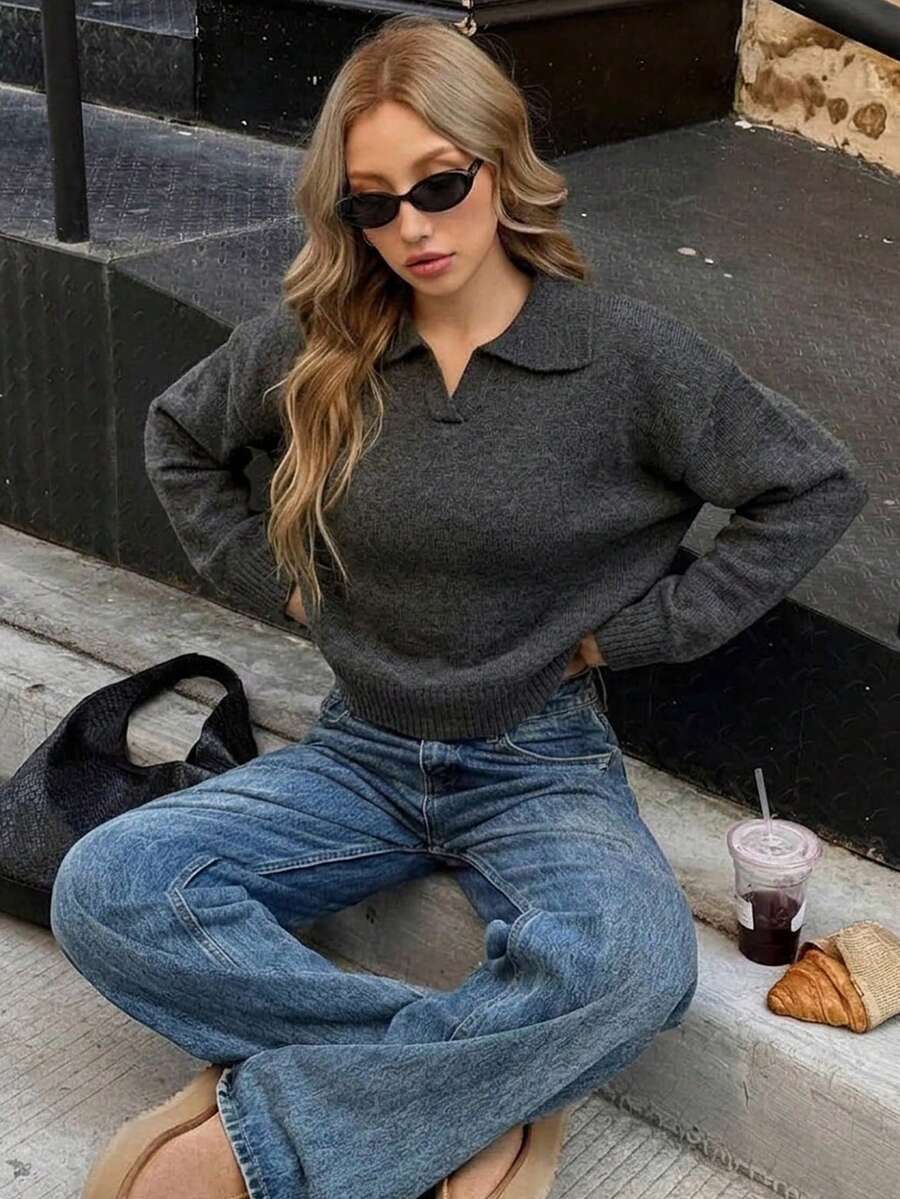 Soft Knit Collared Sweater, Loose Fit Pullover With Ribbed Hem And Long Sleeves, Dark Grey Casual Winter Outfits Staple For Everyday Wear - Dark Grey - View 1
