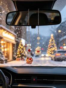 Christmas Cute Santa Claus Snowman Car Rearview Mirror Hanging Ornament, Beaded Chain Christmas Car Decor, Holiday Atmosphere Interior Decoration For Women - Christmas - View 11