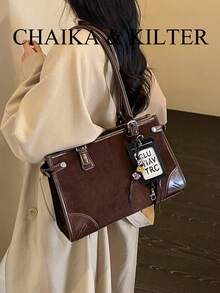 1pc Solid Color Fashion Square Suede Fabric Shoulder Bag Suitable For Commuting, Shopping, Etc. (With Pendant) - Coffee - View 5