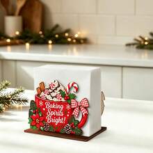 1pc Christmas Wooden Table Napkin Holder, Red Hot Chocolate Cup Design Tissue Rack, Baking Spirits Bright Candy Cane Pinecone , Christmas Tabletop Paper Napkin Organizer, Cute Holiday Ornament & Gift For Family Gathering - Napkin Holder - View 6