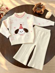 WUHUANG YIYI Girls 2pcs Set: Cream White Contrast Collar Sweatshirt With Puppy Applique, Star Moon Cartoon Animal Print, Long Sleeve Knit Pullover Sweatshirt And Beige Vertical Ribbed Knit Flared Pants, Sweet Cute Style For Autumn/Winter - White - View 7