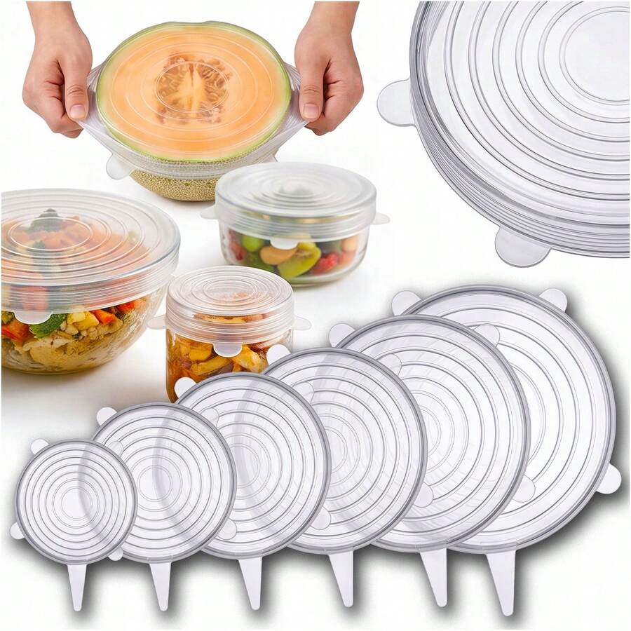 Silicone Stretch Lids 6 Pcs, Transparent Reusable Food Covers In 6 Sizes From 6–19 Cm, Flexible Round Container Lids With Side Tabs For Bowls Cups Containers And Cut Fruit, Kitchen Food Storage Covers For Refrigerator And Daily Use - View 1