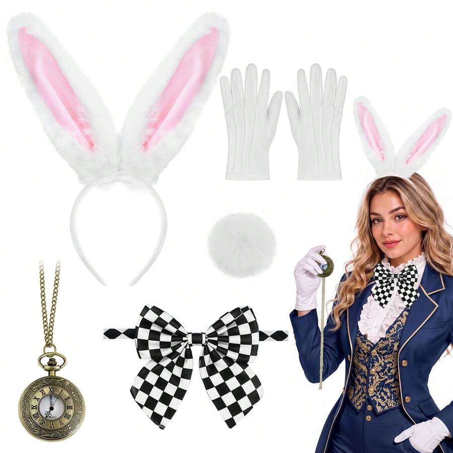 White Rabbit Costume Accessory Set, Includes Rabbit Ear Headband, Tail, Pocket Watch 5-Piece Premium Set: Bow Tie, Gloves, Fluffy Ears & Tail | Comfortable Fit | Suitable For Adult Halloween And Easter Cosplay Outfits - Multicolor - View 1