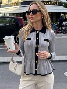 Women's Fashion Long Sleeve Knit Cardigan, Peter Pan Collar With Gold Buttons, Ribbed Knit Casual Top, Autumn/Winter Outfit - Grey - View 1
